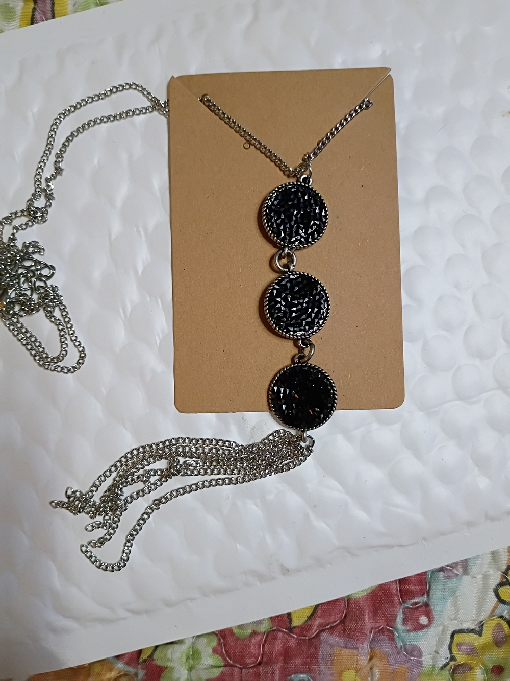 Women’s Silver Necklace with Black Triple Disc Pendant and Tassel